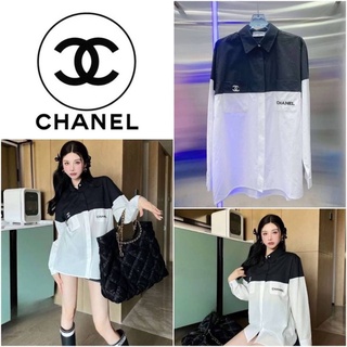 เสื้อเชิ้ตแขนยาว CHANEL BLACK&amp;WHITE LOGO COTTON SHIRT