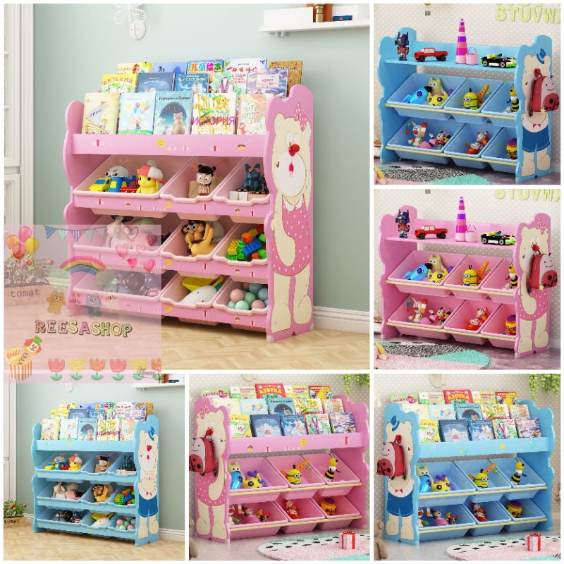 พร้อมส่ง ชั้นวางของเล่น ชั้นเก็บของเด็ก ชั้นวางไม้ลายหมี