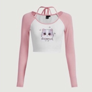 ꙳ ⋆ ⸝⸝ เสื้อแขนยาวลายการ์ตูน เสื้อครอปแขนยาว สีชมพูน่ารักมากๆ🧚‍♀️🌟❕