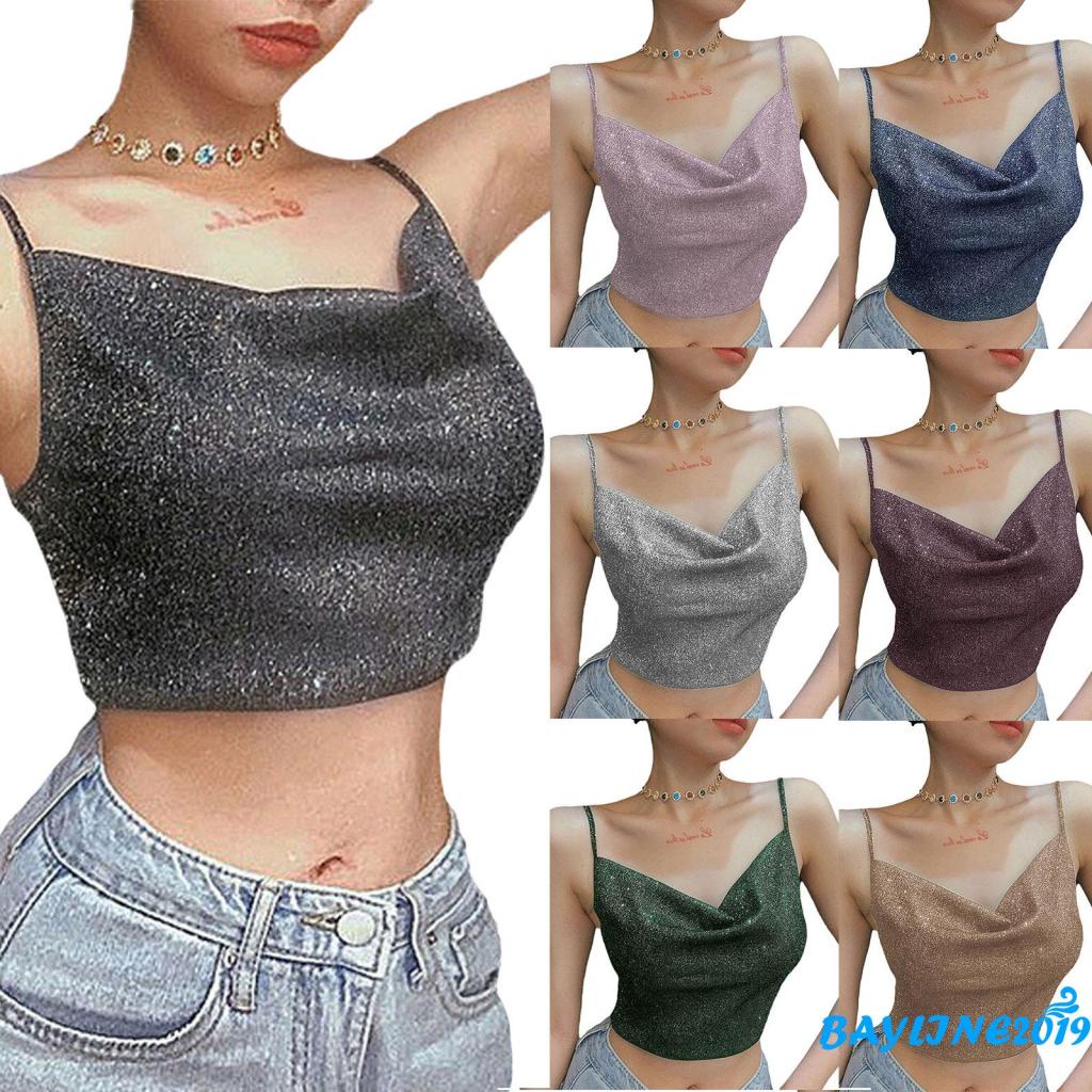 อ่าว-ผู้หญิงฤดูร้อนพืชยอดนิยม,สีดําเงาปาเก็ตตี้สายรัดต่ําตัดคอวีเข้ารูปเสื้อกล้ามสําหรับสาวๆ