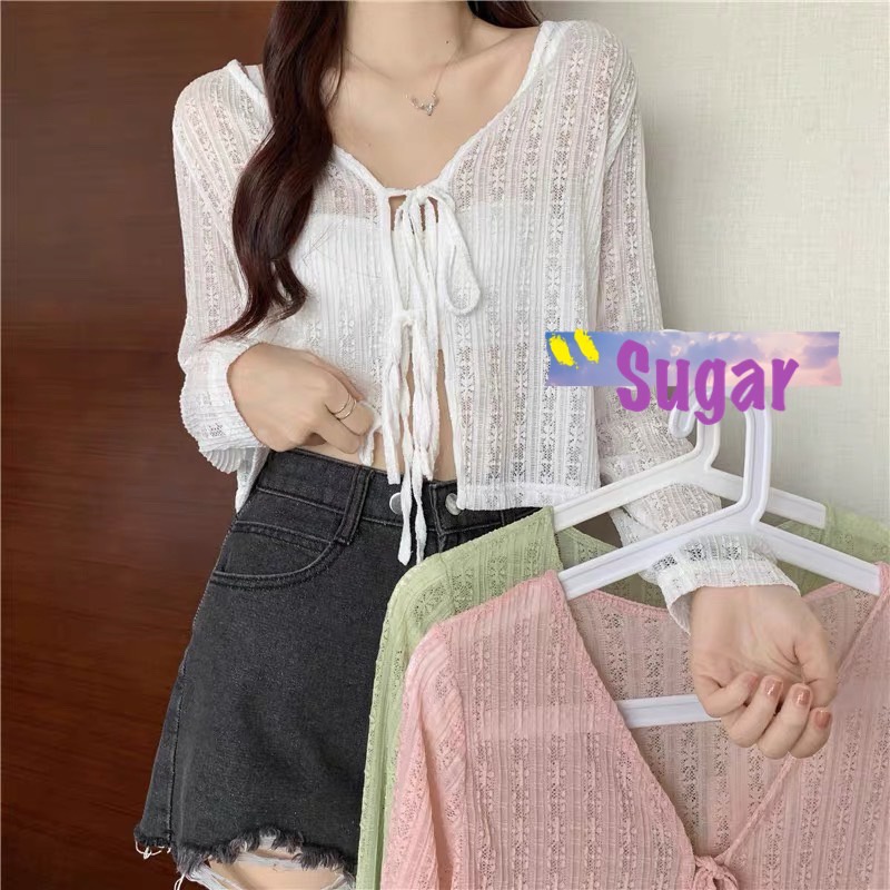 Sugarพร้อมส่ง เสื้อคลุม แขนยาว เสื้อคลุมซีทรู มัดเชือกด้านหน้าได้ ขนาดใหญ่(86038)