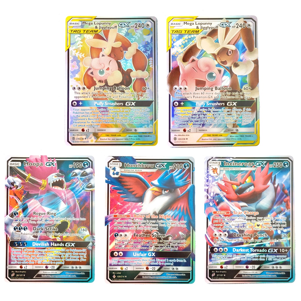 Pokemon Card Tag Team & GX ชุด 5 ใบ Lopunny & Jiggypuff, Honchkrow, Hoopa, Incineroar ภาษาอังกฤษ Shi