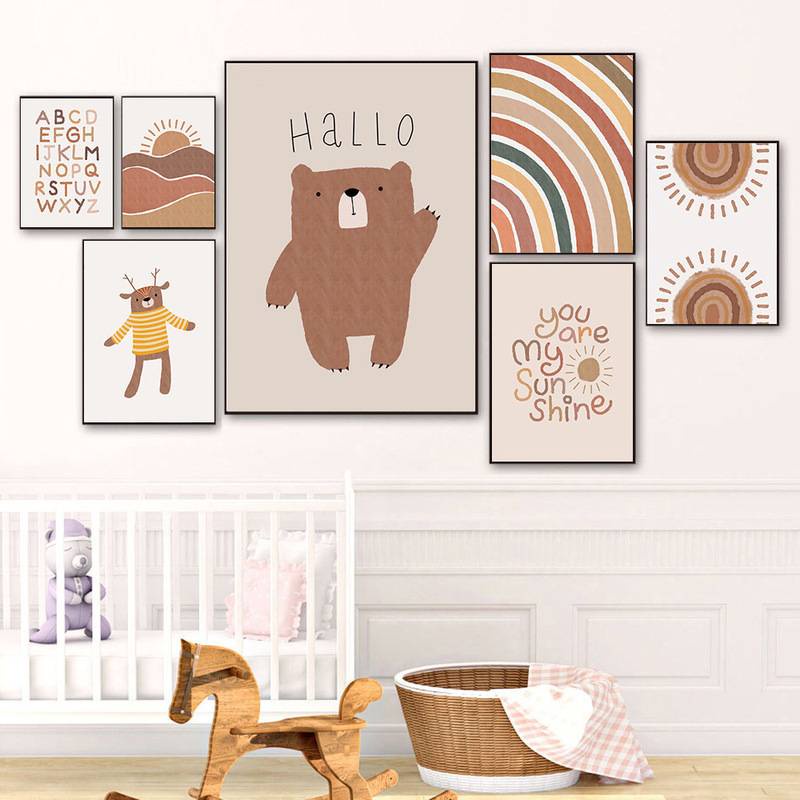 Boho Rainbow & Bear ผ้าใบ Wall Art, Nordic ตัวอักษรจํานวนโปสเตอร์เนอสเซอรี่พิมพ์,การ์ตูนภาพผนังสําหรับเด็กเด็กทารกตกแต่งห้อง