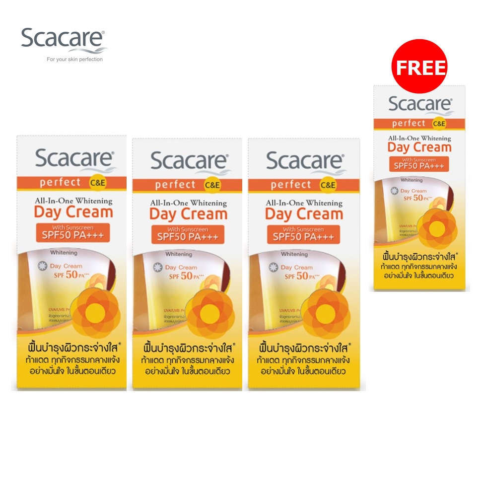 (ซื้อ 3 แถม 1) Scacare สกาแคร์ เพอร์เฟ็คท์ เดย์ครีม เอสพีเอฟ 50 พีเอ+++ 30 กรัม (ครีมบำรุงผิวหน้า, ครีมกันแดด, Day Cream