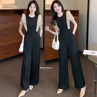 พร้อมส่ง📟 jumpsuit สีดำ แต่งผ้าแก้วใยบัวสีครีม🖲️ wonder