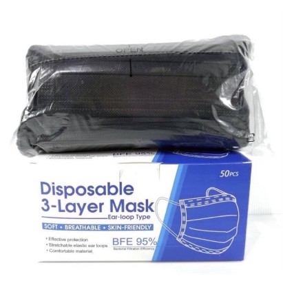 หน้ากาก หน้ากากอนามัยผ้าปิดจมูกอนามัย（“ 1แพ๊ค/50ชิ้น” หนา 3 ชั้น) สีดำ