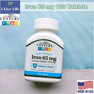 ธาตุเหล็ก High potency Iron 65 mg 120 Tablets 21st Century ช่วยสร้างเม็ดเลือดแดง ป้องกันโรคโลหิตจาง