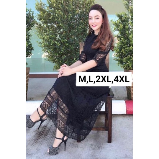 เดรสลูกไม้ดำ!!! M-4XL Maxi Dress เดรสสีดำผ้าปักลายแขนสามส่วน งานป้าย Love love