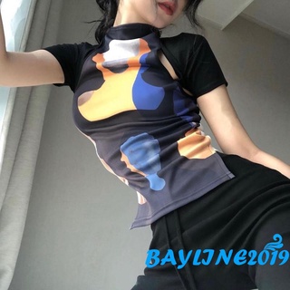 Bay- เสื้อยืดแขนสั้นคอกลมเสื้อลายพิมพ์กราฟฟิคเสื้อแฟชั่นสตรี