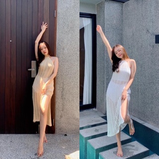 ชุดเดรสถักโครเชต์ เดรสถัก เดรสเว้าหลัง เดรสโชว์หลัง เดรสผูกคอ