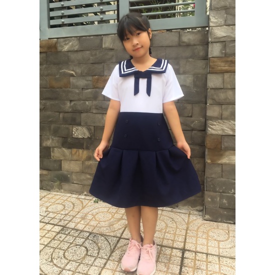 Jadiny กระโปรงพลีท เดรสคอปกสีกรมท่า GDP039