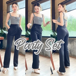 Melinda Party Set เซ็ทเสื้อกล้ามครอปลายทางปักป้ายหนัง Prada+กางเกงขาม้า