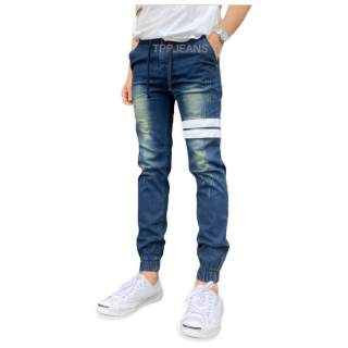 JEANSEXPRESS HD Jogger Jeans กางเกงขาจั้มสีบลูฟอกสนิมแต่งขาด เอวยางมีเชือก เป้าซิป ทรงสลิม มีไซส์ใหญ่ Size 28-44