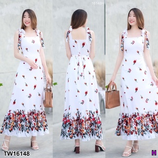 TW16148 Maxi dress ผูกไหล่ลายดอกตัดต่อแต่งระบายผ้าเชิงที่ชายกระโปรง มีโบว์ผูกเอว/มีซิปซ่อนด้านหลัง/มีซัปใน