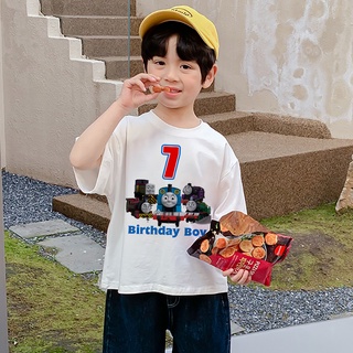 เสื้อยืดแขนสั้น พิมพ์ลายการ์ตูน Thomas Birthday Boy Number 1-9 แฟชั่นสําหรับเด็กผู้ชาย