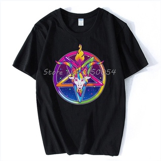 tshirtเสื้อยืดคอกลมฤดูร้อนเสื้อยืดผ้าฝ้าย พิมพ์ลาย Neon 90s Baphomet Goat Satan Occult Stars Galaxy Devil สีรุ้ง สําหรั