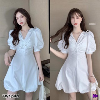 PP12469 เดรสสั้นแขนพอง ช่วงอกม้วน กระโปรงทรงบอลลูน