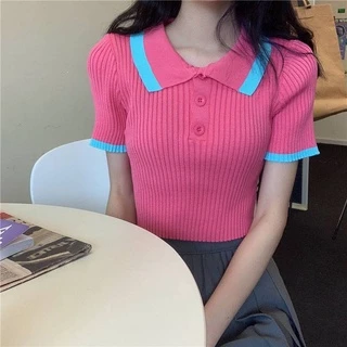 SALABO(พร้อมส่ง)เสื้อครอปเเขนสั้นไหมพรม คอปก(เอวลอย) ตัดขอบสี #M1