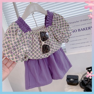 Girls Western style two-piece suit 2022 summer new girls French square collar sweet flower short sleeve shorts suit