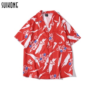 Suikone 【COD】ชุดว่ายน้ำ ลำลอง ปักลาย เสื้อเชิ้ตลายดอกฮาวาย สไตล์ญี่ปุ่น เสื้อพิมพ์ลายเต็ม คาร์ดิแกนชายหาด ชายแขนสั้น ทรงเดียวกับ pp kritt