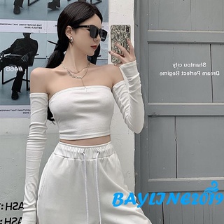 Bay- เสื้อครอปท็อป บอดี้คอน พร้อมปลอกแขน สีพื้น สีดํา สีเทา สีขาว สําหรับผู้หญิง