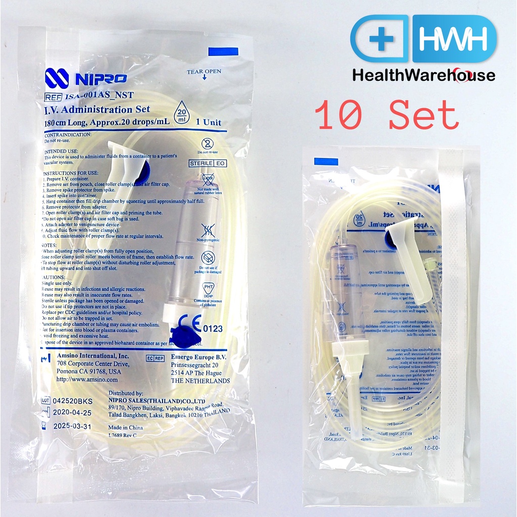 IV Set Nipro ชุดให้น้ำเกลือ แบบไม่ติดเข็ม ( 10 ชุด ) Adult Set IV Nipro ชุดให้น้ำเกลือผู้ใหญ่