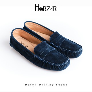 ส่งฟรี!! Horzar รองเท้าหนังแกะ ส้นแบน ทรง Driving Shoe รุ่น Devon Driving สี Navy Blue Suede Lambskin Moccasins Loafers