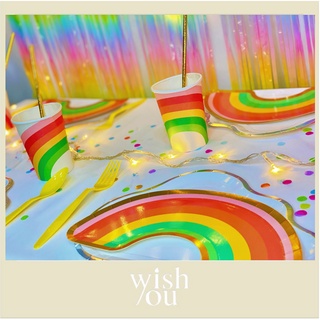 WishYou [พร้อมส่ง] ชุดงานวันเกิดครบเซ็ต สายรุ้ง Party Set Rainbow HAPPY BIRTHDAY ลูกโป่ง+ที่สูบลม ไฟLED จาน+ช้อนส้อม พลุ