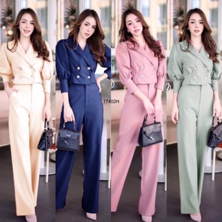 B17402 set 2 ชิ้น เสื้อแขนพอง คอปกสูทกระดุมหน้า + กางเกงขายาว Set of 2 pieces: puff sleeve shirt, suit collar, button fr