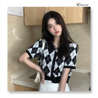 เสื้อยืดโปโลแขนสั้น เสื้อไหมพรม เสื้อครอปถัก Black and white diamond plaid crop top 1089