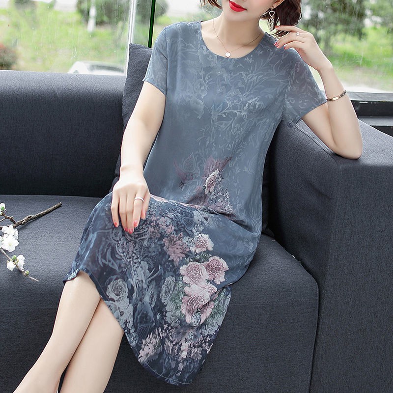 off-Season Special Clearance Heavy Mulberry Silk Fairlady Dress2021Western Style Mom Short Sleeve Middle-Aged Women's Sp