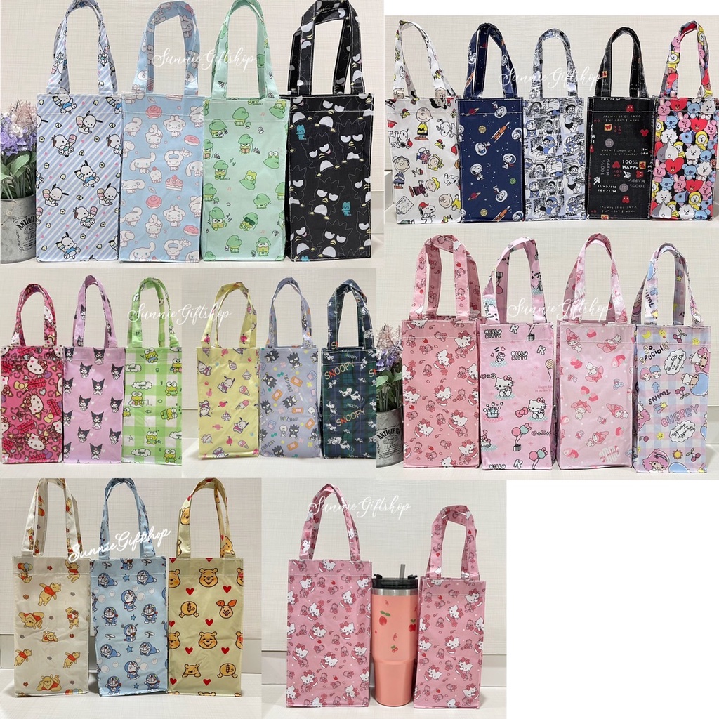 พร้อมส่ง กระเป๋าถือ ผ้าทรงสูง ผ้ากันน้ำ มีฐานรองแข็ง ใส่แก้ว กระป๋องน้ำ ลายชุดที่3
