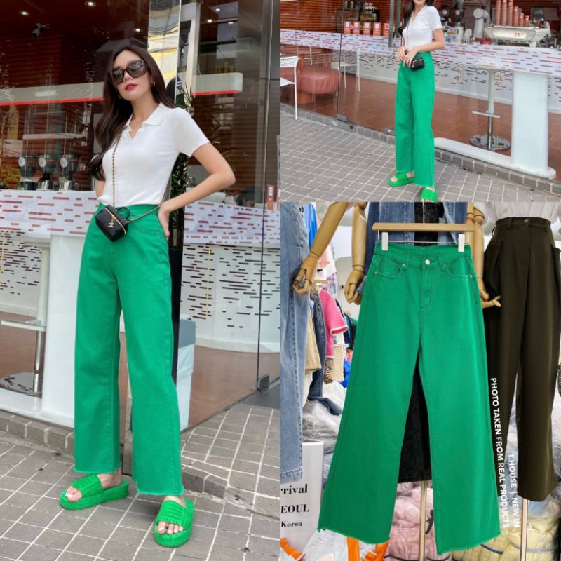 TH#มีS-XL#ยีนส์ขากระบอก#ยีนส์สีเขียว#THOUSE