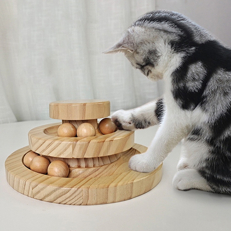 Cat Toy Three Layers Wooden Turntable Track Ball Bell Rocking Further ...