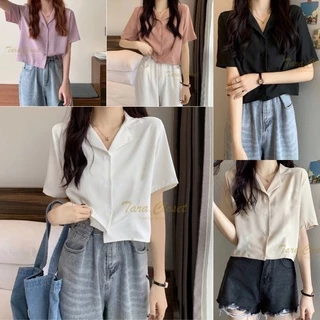 IT056 TARA Crop Top เสื้อเชิ้ต เสื้อครอป ปกฮาวาย แขนสั้น กระดุมหน้า เนื้อผ้าไหมอิตาลีอย่างดี ผ้าดี ใส่สบาย ไม่ร้อน