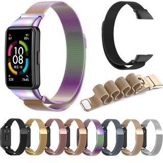 สําหรับ Huawei band 6 / Honor band Smart Watchband Milanese Loop สายรัดโลหะปรับได้เปลี่ยนสร้อยข้อมือเข็มกลัดแม่เหล็ก