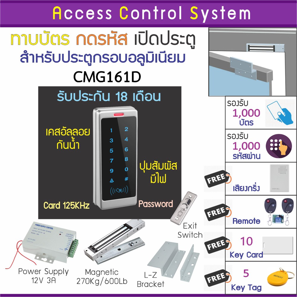 CMG161D เครื่องทาบบัตรคีย์การ์ด (RFID 125KHz) เพื่อควบคุมประตู พร้อมชุดกลอนแม่เหล็กขนาด 600 ปอนด์ แล