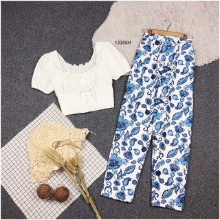 ❤️ TW13355 Set 2 ชิ้น เสื้อครอปแขนดอลลี่ อกผูกเชือก ผ้าโฟร์เวย์ + กางเกงขายาว เอวสม็อคหลัง