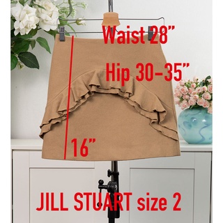 กระโปรงมือสอง JILL STUART กระโปรงสั้นน่ารักทรงเอ ผ้าผสมขนสัตว์ ซิปหลังแต่งระบายด้านหน้า สีน้ำตาล กระโปรงมีผ้าซับในยาว