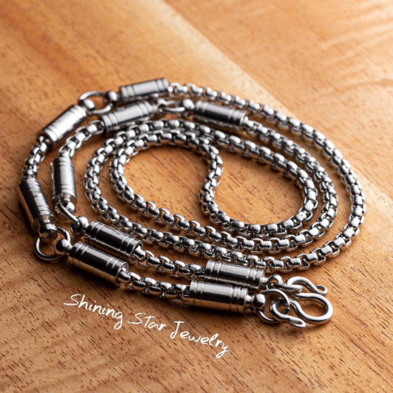 SA013 สร้อยสแตนเลสแท้ ลายผ่าหวายหัวตะกรุด ขนาด 4 มิล ยาว 28 นิ้ว แขวนพระ 5 องค์ งานเรียบลื่น​ ไม่บาดคอ