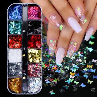 Mama Nail อุปกรณ์ตกแต่งเล็บ กลิตเตอร์ ลายผีเสื้อ 3D สีเงิน สีทอง สีโรสโกลด์ 12 ช่อง