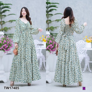 PP17485 แม็กซี่เดรสลายดอกไม้แขนยาว เว้าเอว2 ข้าง ผูกเอว
