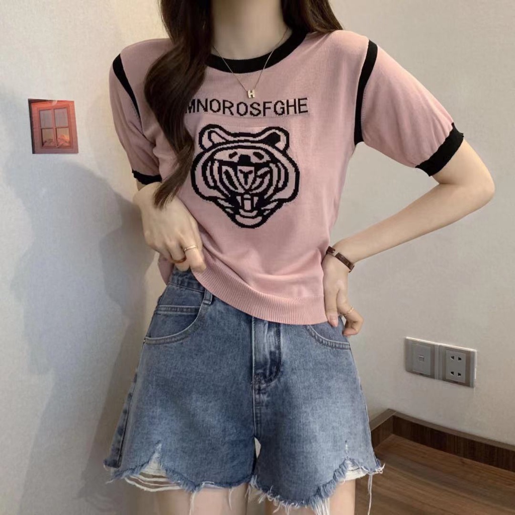 💕*Miki-Shop😍พร้อมส่ง*เสื้อยืดไหมพรมแขนสั้น งานปักลายเสือ ผ้านิ่มดีมากจ้ะ55085*
