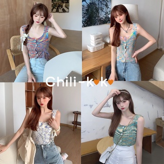 Chili_k❤️k❤️เสื้อท็อปสายเดี่ยว เสื้อท็อปแขนกุดผ้าถักสําหรับผู้หญิง เสื้อท็อปสายฝอ ใส่น่ารักมากก 0778