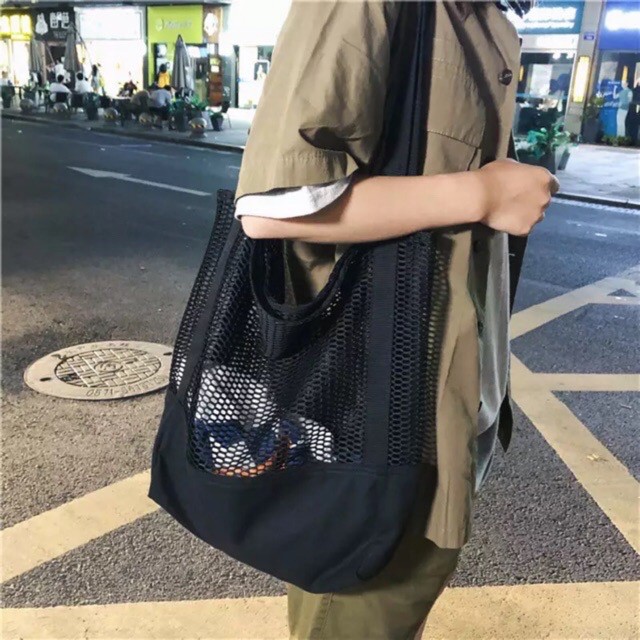 CU ฤดูร้อนสไตล์ใหม่สไตล์เกาหลีสไตล์กระเป๋าถือกระเป๋าตาข่าย Hollow out กระเป๋าชายหาดผ้าใบเดี่ยวไหล่กระเป๋าผู้หญิงกระเป๋า