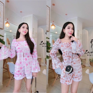 พร้อมส่ง เสื้อเเขนยาวจับจีบพองๆน่ารักมั้กๆมาพร้อมกางเกงขาสั้นม