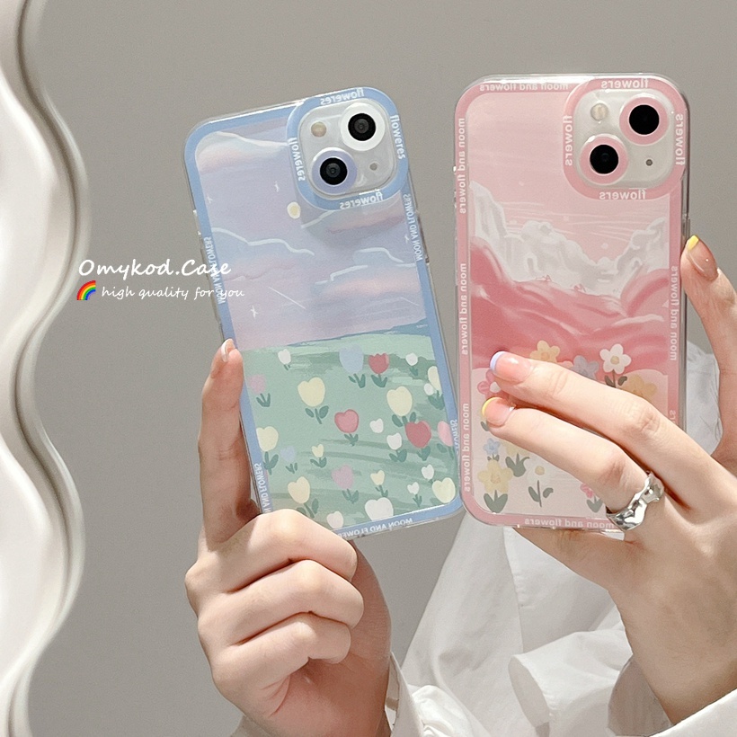 Ready Stock Compatible For iPhone 14 13 12 11 Pro Max X XR Xs Max 7 8 6 6S Plus SE 2020 ins pink flowers Lens protection transparent Phone Case Couple Case Transparent TPU Soft Back Cover