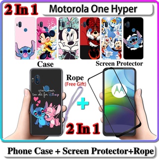 2 IN 1 เคส Motorola One Hyper เคส พร้อมกระจกนิรภัยโค้ง เซรามิค ป้องกันหน้าจอ สติทช์ และมินนี่