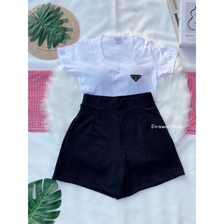 🌟เซ็ตเสื้อคอเหลี่ยมปราด้า&amp;เอววีขาสั้น🌟165-.ถูกสุดดด🔥