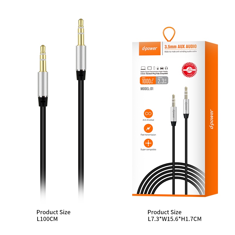 d-power 3.5 audio extension cable AUX-D1 อะแดปเตอร์แจ็คหูฟัง 3.5 มม. วัสดุ TPE ประเภท 3.5 มม. ถึง 3.5 มม. ประกัน 1 ปี